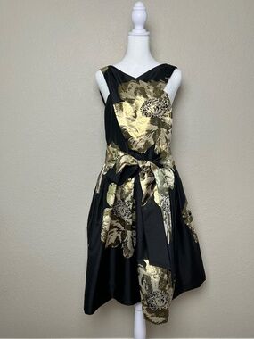 Tahari ASL Black Satin and Metallic Gold Event Cocktail Dress